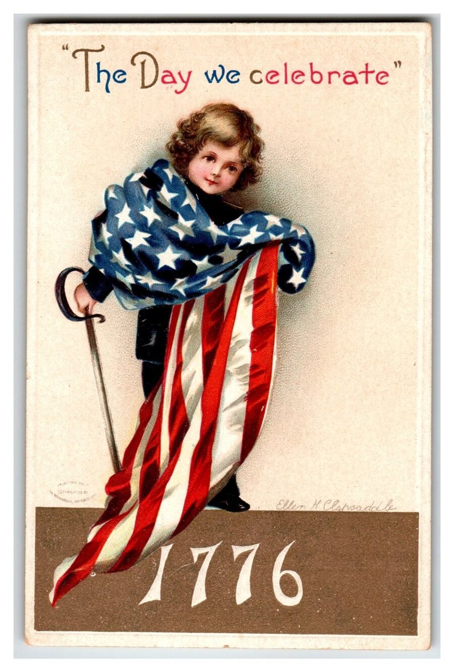Ellen Clapsaddle 1776 Patriotic Child American Flag Sword Postcard IAP Vintage
